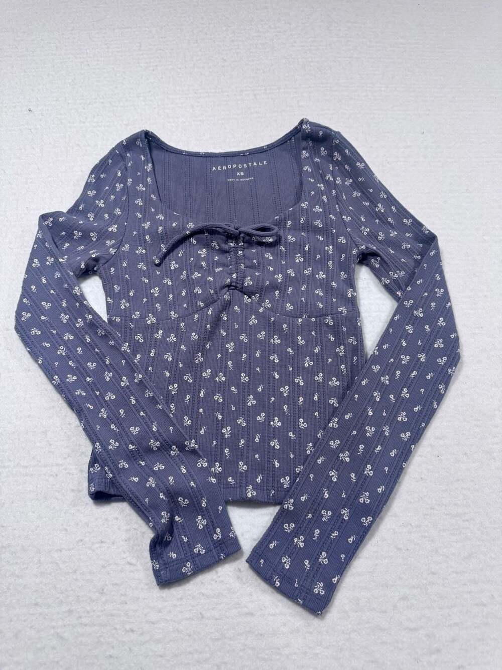 Aeropostale Blue Floral Ribbed Tie-Front Long Sleeve Top XS